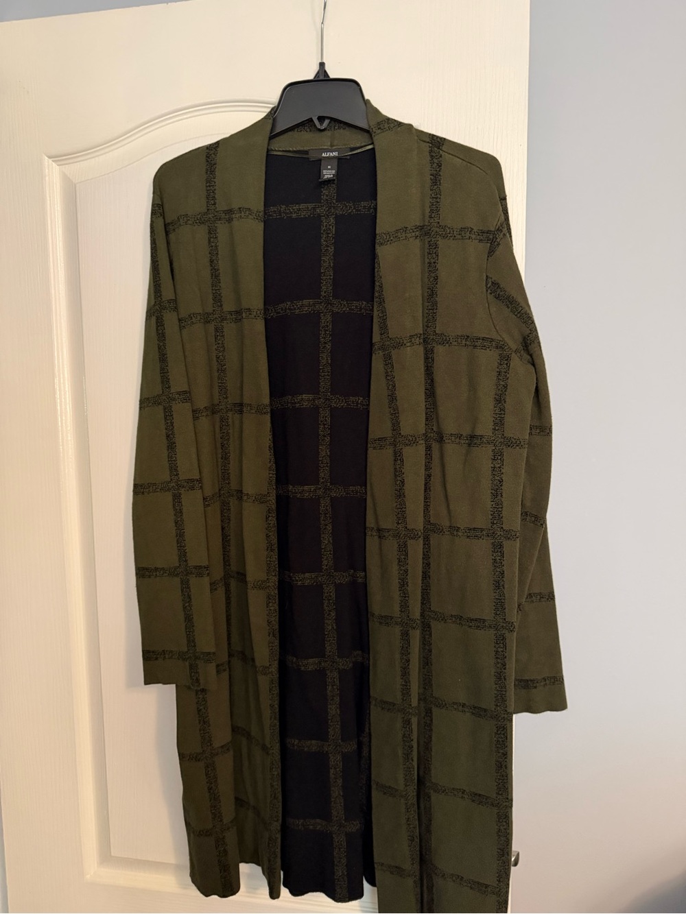 Alfani Olive & Black Windowpane Open Front Long Jacket